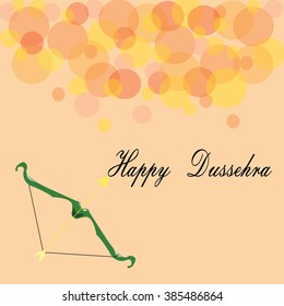 White text calligraphic inscription Happy Dussehra festival Indian with bow and arrow with shadow on orange background. Vector illustration