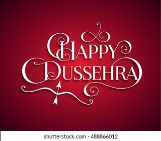 White text calligraphic inscription Happy Dussehra festival Indian with bow and arrow with a shadow on a red background. Vector illustration