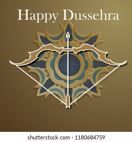 White text calligraphy inscription Happy Dussehra festival Indian with bow. Vector illustration EPS 10