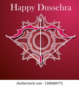 White text calligraphy inscription Happy Dussehra festival Indian with bow. Vector illustration EPS 10