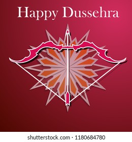 White text calligraphy inscription Happy Dussehra festival Indian with bow. Vector illustration EPS 10