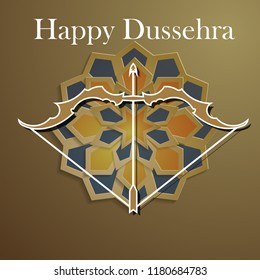 White text calligraphy inscription Happy Dussehra festival Indian with bow. Vector illustration EPS 10
