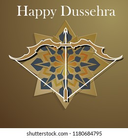 White text calligraphy inscription Happy Dussehra festival Indian with bow. Vector illustration EPS 10