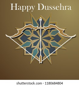 White text calligraphy inscription Happy Dussehra festival Indian with bow. Vector illustration EPS 10