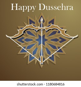 White text calligraphy inscription Happy Dussehra festival Indian with bow. Vector illustration EPS 10