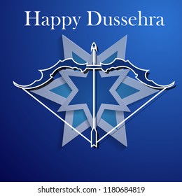 White text calligraphy inscription Happy Dussehra festival Indian with bow. Vector illustration EPS 10