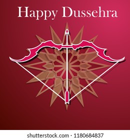 White text calligraphy inscription Happy Dussehra festival Indian with bow. Vector illustration EPS 10