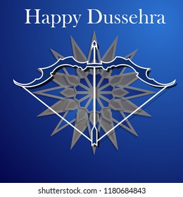 White text calligraphy inscription Happy Dussehra festival Indian with bow. Vector illustration EPS 10