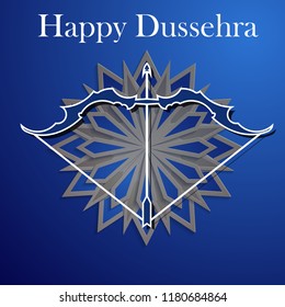White text calligraphy inscription Happy Dussehra festival Indian with bow. Vector illustration EPS 10
