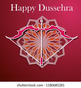White text calligraphy inscription Happy Dussehra festival Indian with bow. Vector illustration EPS 10
