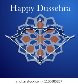 White text calligraphy inscription Happy Dussehra festival Indian with bow. Vector illustration EPS 10