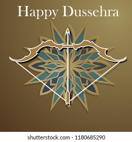 White text calligraphy inscription Happy Dussehra festival Indian with bow. Vector illustration EPS 10