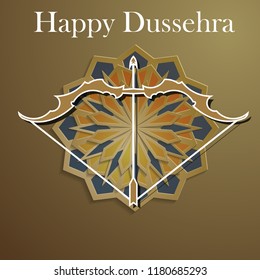 White text calligraphy inscription Happy Dussehra festival Indian with bow. Vector illustration EPS 10