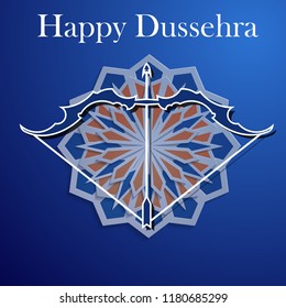 White text calligraphy inscription Happy Dussehra festival Indian with bow. Vector illustration EPS 10