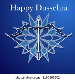 White text calligraphy inscription Happy Dussehra festival Indian with bow. Vector illustration EPS 10