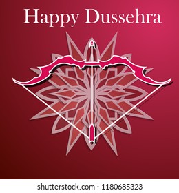 White text calligraphy inscription Happy Dussehra festival Indian with bow. Vector illustration EPS 10