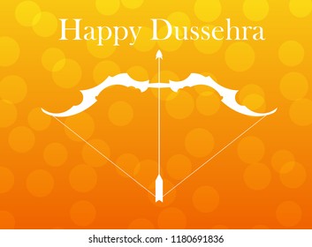 White text calligraphy inscription Happy Dussehra festival Indian with bow. Vector illustration EPS 10