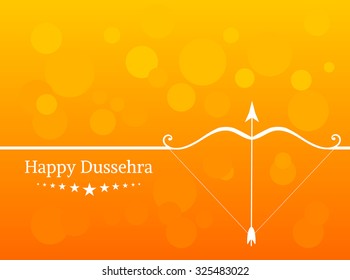 White text calligraphy inscription Happy Dussehra festival Indian with bow and colorful balls on orange background. Vector illustration EPS 10