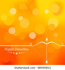 White text calligraphy inscription Happy Dussehra festival Indian with bow and colorful balls on orange background. Vector illustration EPS 10