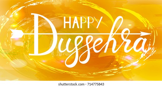 White text calligraphy inscription Happy Dussehra festival Indian with bow and colorful balls on orange background.