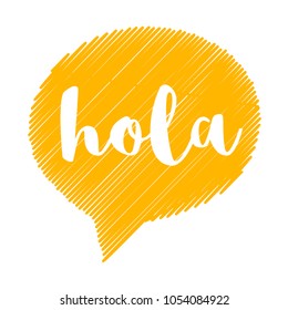 White text font lettering Hola on an orange background.