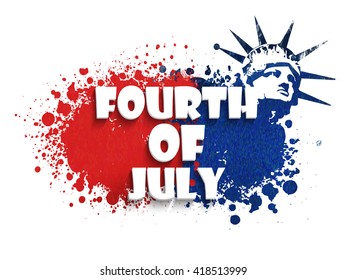 White text Fourth of July on red and blue color splash background, Poster, Banner or Flyer design for American Independence Day celebration.