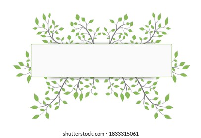 White text frame surrounded by tree branches with green leaves on a white background