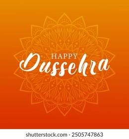 White text Happy Dussehra on background of abstract sun made up of mandala. Festive design for greeting card or poster for Hindu celebration Dussehra.