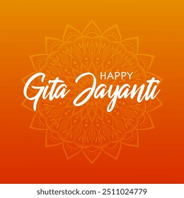 White text Happy Gita Jayanti on background of abstract sun made up of mandala. Festive design for greeting card or poster for Hindu celebration Gita Mahotsav.