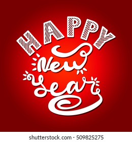 White text Happy New Year on a red background. Vector illustration.