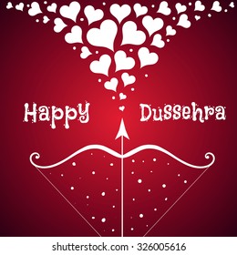 White text inscription Happy Dussehra festival Indian with bow and arrow with a fountain Heart on a red background. Vector illustration