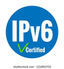 White text IPv6 certified on blue background. Green check mark. Internet Protocol version 6 label concept.