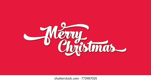 White text on a red background. Merry Christmas lettering for invitation and greeting card, prints and posters. Calligraphic design