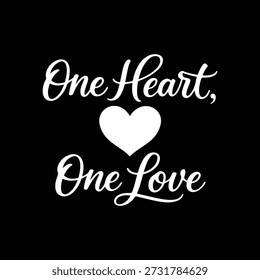 Weißer Text One Heart One Love mit Herzsymbol auf schwarzem Hintergrund Typografie