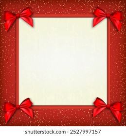 White text place with red ribbons and bow at red background template for greetings christmas new year card. vector illustration