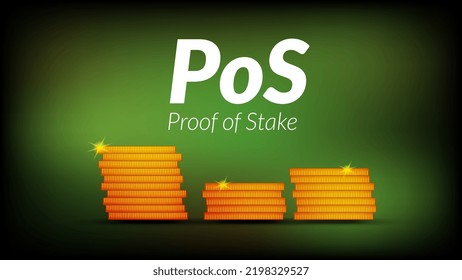 White text PoS Proof of Stake with stacks of coins with shadows on dark green background. Banner for news or articles. Vector illustration.