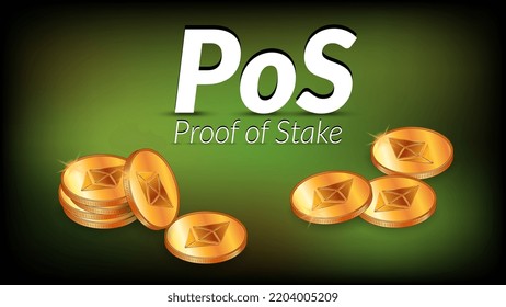White text PoS Proof of Stake with isometric stacks of Ethereum ETH coins with shadows on dark green background. Banner for news or articles. Vector illustration.