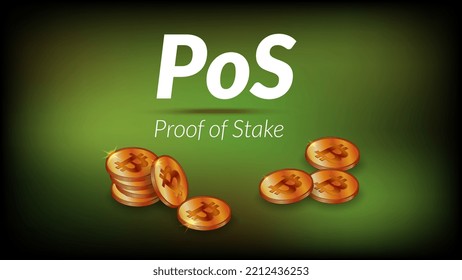 White text PoS Proof of Stake with isometric stacks of bitcoin BTC coins with shadows on dark green background. Banner for news or articles. Vector illustration.
