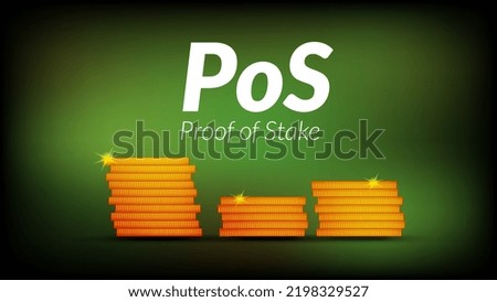White text PoS Proof of Stake with stacks of coins with shadows on dark green background. Banner for news or articles. Vector illustration.