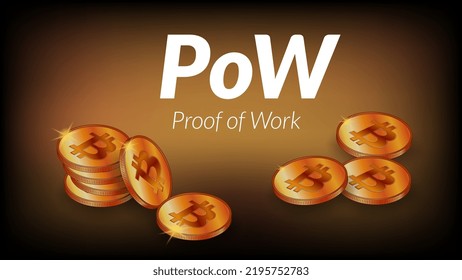 White text PoW Proof of Work with isometric stacks of bitcoin BTC coins with shadows on dark brown background. Banner for news or articles. Vector illustration.