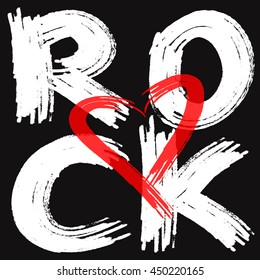 White text Rock, red silhouette of heart, black background. Illustration rough brush. Abstract poster. Transparency.