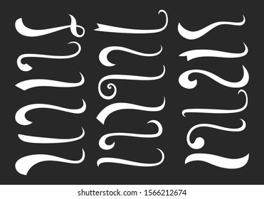 White text tails isolated vector design elements set. Underline swooshes collection. Font baseball swishes negative space cliparts. Curly, wavy decorative swashes on black background bundle