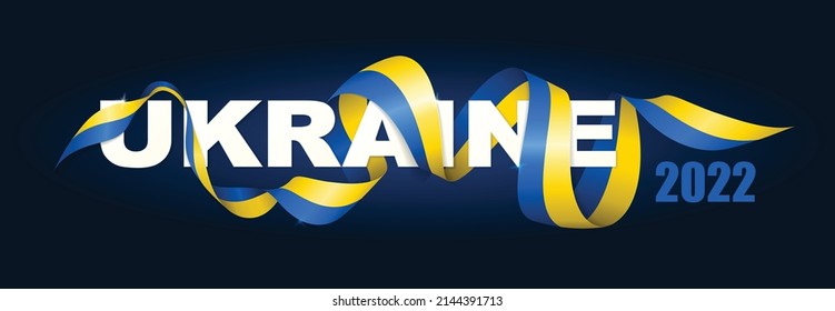 White text Ukraine with national flag color ribbon isolated on dark background. Support Ukrainian people in war with Russia is 2022