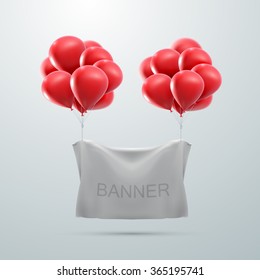 White Textile Banner With Balloons. Vector Mock-up 