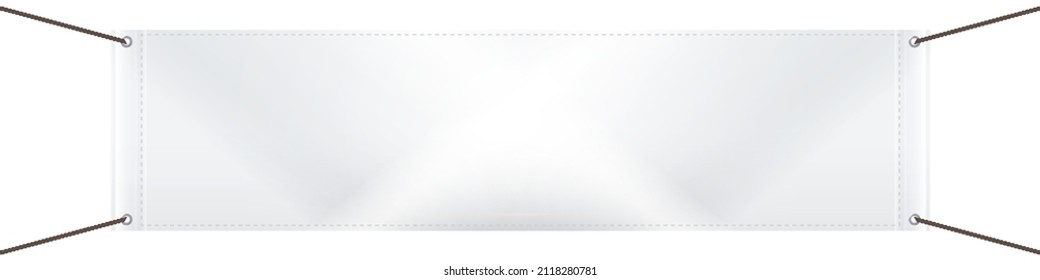 White textile banner, blank empty canvas template. Horizontal advertising vinyl banner with eyelets. 3D realistic isolated vector illustration.