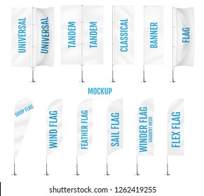 White textile banner flags. Banner flag mockups set. Set of vector advertising mockups. 