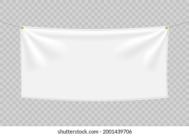 White textile banner with folds. Blank hanging fabric template, empty mockup. Vector illustration