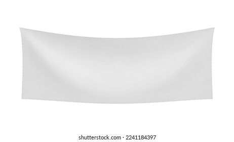 White textile banner with folds, isolated on white background. Blank hanging fabric template, empty mockup. Vector illustration