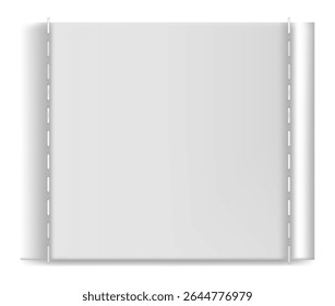Banner têxtil branco pendurado com grampos em um fundo branco, criando um pano de fundo limpo e minimalista para fins de publicidade ou exibição
