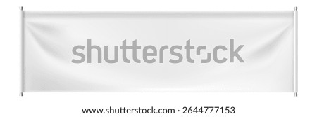 White textile banner hanging with two metallic rolls on each side, blank surface for advertisement promoting message isolated on white background